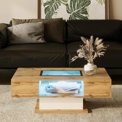 Produktbild von MODFU Couchtisch Wohnzimmertisch mit LED-Beleuchtung,Rechteckiger Beistelltisch Sofatisch mit Glasplatte und zwei Schubladen,Kaffeetisch in Natur