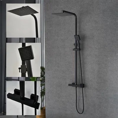 Produktbild von Unyqoos® Quadratisches Duschsystem mit Thermostat, mattschwarz – Edelstahl 304 & Messing, integrierter Strahlumschalter
