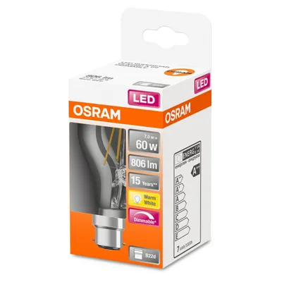 Produktbild von Osram SST CLAS A 60 7 W/2700K B22D LED-Lampe, Birnenform, Sockel B22, 7 Watt, Warmweiß, 2700 K,  dimmbar