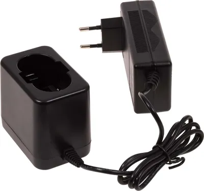 A black battery charger and power adapter are shown against a white background.