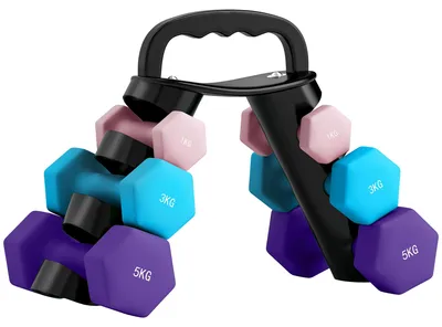 Produktbild von Hantelset mit Aufbewahrungsgestell, Set mit 6 Hanteln für Fitness-Training, 2 x 1kg, 2 x 3kg, 2 x 5kg