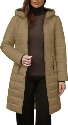 Produktbild von ASKSA Damen Wintermantel Warm Gefuettert Steppjacke Lang Winterparka Winter Fleece Jacke Winddicht Outdoorjacke mit Kapuze (Khaki,XL)
