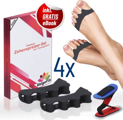 Produktbild von ValgoFit® [4x] Hallux Valgus Zehenspreizer Silikon - inkl. Gratis Trainingsband und eBook - Bandage Korrektur Separator - Zehentrenner Damen und Herren - Chemiefrei (BPA Frei)