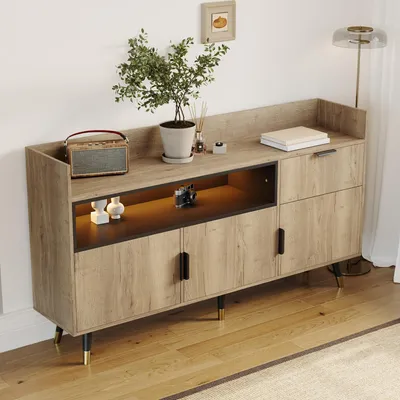 Immagine prodotto di mobile da soggiorno con struttura in legno e ripiani a giorno, mobile buffet con cassettiera, mobile da ingresso con cassetti e ante a battente, natura, mobile da soggiorno con cassetti e ante a battente, mobile da soggiorno con struttura in legno e ripiani a battente