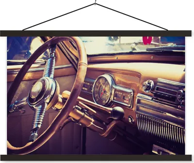 Produktbild von MuchoWow® Textilposter Mancave - Auto - Vintage - Lenkrad 60x40 cm mit schwarzem Rahmen - Hölzernes