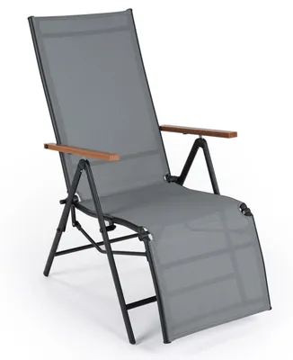 Produktbild von KOMFOTTEU Wetterfeste Sonnenliege, klappbarer Liegestuhl mit 6-fach verstellbarer Rückenlehne, atmungsaktiver Stoff & Armlehnen in Holzoptik, Hochlehner Gartenliege für Terrasse & Balkon, bis 150 kg belastbar