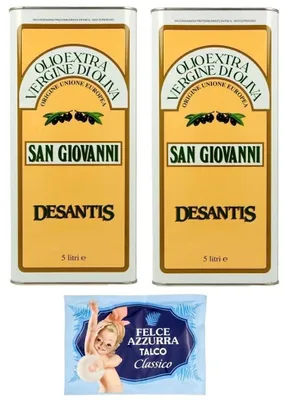 Produktbild von De Santis 2er-Pack De Santis San Giovanni Olio Extra Vergine di Oliva,Natives Olivenöl Extra,Ideal für alle Anwendungen in der Küche,5Lt Dose + 1er-Pack Felce Azzurra Talkumpuder, 100g-Beutel