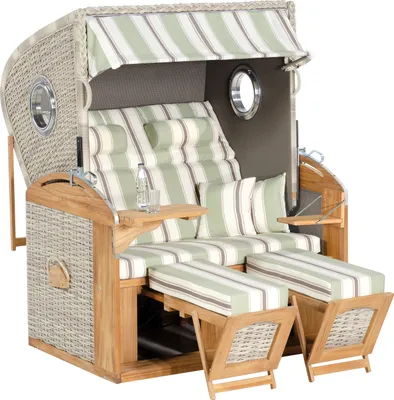 Produktbild von Rustikal 305 Z Bullauge Teak Comfort XL, 2-Sitzer XL Liegemodell Ostseeform zum Selbstaufbau, Geflecht white-coral, Strukturpolyester grün-weiß-taupe gestreift, ca. 135x98x160cm