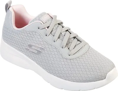 A single gray Skechers sneaker with pink accents and a white sole, shown from a side angle against a white background.