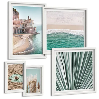 Produktbild von Bilder Set 5-teilig im Goldrahmen Rahmen – Wandbilder 5 Stück – gerahmte Poster für Wohnzimmer, Schlafzimmer und Flur – 50x50 cm - 40x60 cm – Strandwellen Grashut