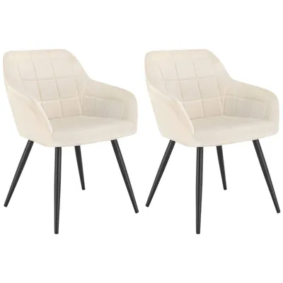 Two cream-colored chairs with black legs are shown against a white background.