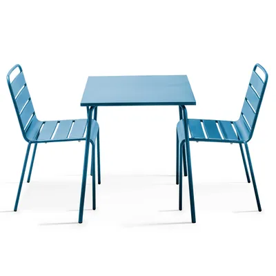 Immagine prodotto di Tavolo da giardino quadrato e 2 sedie in acciaio blu pacifico - Oviala Palavas