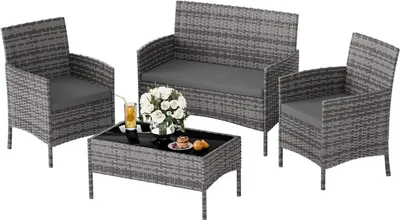 Image de Ensemble de meubles de jardin en poly rotin 4 personnes gris chiné/canapé/chaises/table