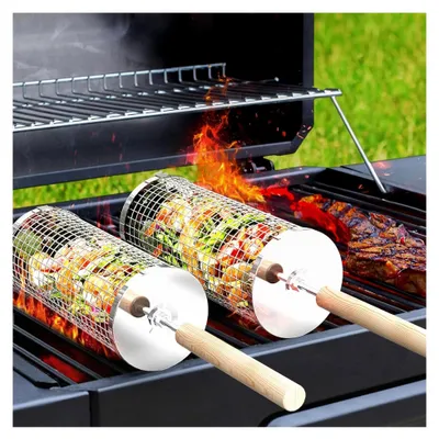 Produktbild von Nestbarer rollender Grillkorb mit abnehmbarem Holzgriff aus Edelstahl 304, Grillzubehör für Gemüse, Garten und Camping