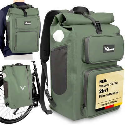 A collage of images showing a green backpack that can also be used as a bicycle pannier bag, with a person wearing it and another image of it attached to a bicycle.
