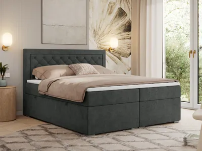 Produktbild von MKS MEBLE Boxspringbett 160x200 mit Bettkasten, Polsterbett 160x200 mit Matratze H4 Topper, Boxspringbett 160x200, Polsterbett 160x200, Bett 160x200 mit Kopfteil - Dunkelgrau Struktur - H4 - JASIR