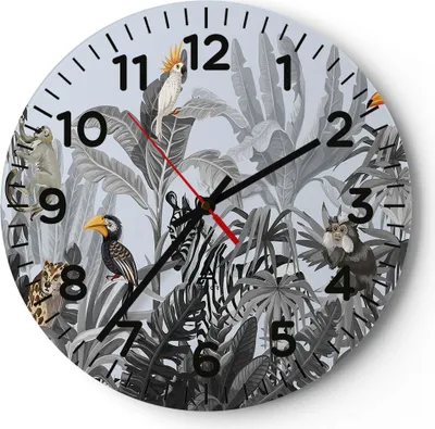 Produktbild von Wanduhr - Rund - Glasuhr - Dschungel Tiere Tukane - 40x40cm - Schleichendes Uhrwerk - Lautlos - zum Aufhängen bereit - Dekoration Modern - Wanddekoration aus Glas - C4AR40x40-4662