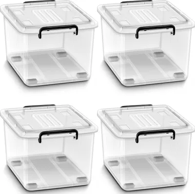 Four identical transparent storage boxes with black handles are arranged in a 2x2 grid on a white background.