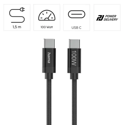 Produktbild von Hama Fabric, 1,5 m, USB C, USB C, USB 2.0, 0,48 Gbit/s, Schwarz