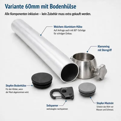 Produktbild von Sonnensegelmast ⌀60x2mm 3m mit Bodenhülse Höhenverstellbar Edelstahl Sonnensegel Mast Pfosten Stange