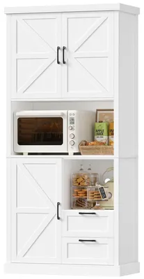 Obrázek produktu pro Kuchyňská skříň – Vysoká komoda – Výška 193 cm – 3 dvířka, 2 zásuvky – 7 přihrádek – Materiál: melamin, moderní styl, hloubka 40 cm – Bílá barva