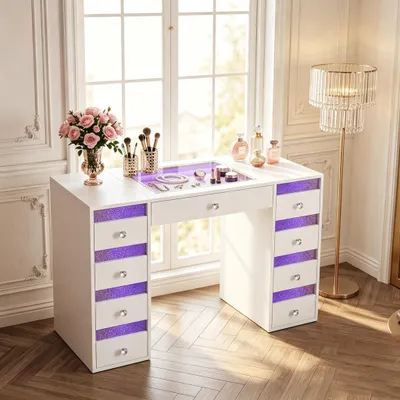 Zdjęcie produktu dla Stolik kosmetyczny VANITII z oświetleniem LED, 9 szuflad, biały, wymiary: 130 x 55 x 81 cm