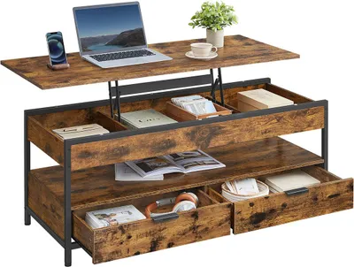 Obrázek produktu pro Výškově nastavitelný konferenční stolek se zásuvkou, vintage styl, rozměry 50 x 120 x 48-63 cm
