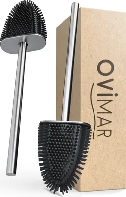 Produktbild von ovimar Ersatzbürste Omofyr | Set 2 Stiele und 2 Bürstenköpfe | silber | Griff aus Edelstahl | Klobürste mit Silikon Bürstenkopf | Toilettenbürste flache WC Bürst