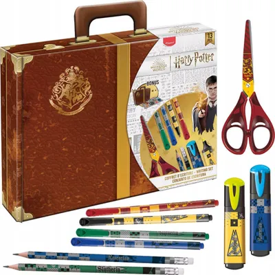 A Harry Potter themed stationery set displayed in a suitcase-like box, with individual items laid out.