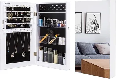 Imagen del producto de Organizador de joyas con cerradura para montaje en pared, armario para joyas con espejo, armario espejo para joyas, color blanco