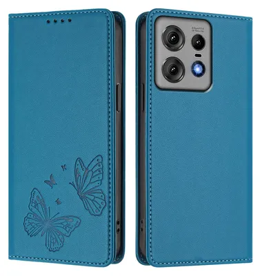 Obrázek produktu pro Kožené pouzdro pro Motorola Edge 50 Pro, motýlí ražbou, peněženkové flip pouzdro se stojánkem Modrá