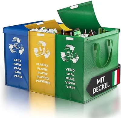 Produktbild von PromoHome® 3-Fach-Mülleimer mit Deckel – Abfalltrennsystem für Papier, Glas und Plastik, 25x40x50 cm, Grün