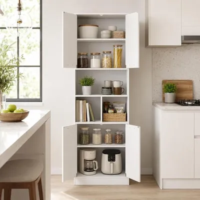 Productafbeelding van Keukenwandkast (60x40x180,5 cm), multifunctionele kast met 4 deuren en 3 vakken, verstelbare legplanken, voorraadkast voor de keuken, badkamermeubel en woonkamerkast, mat wit