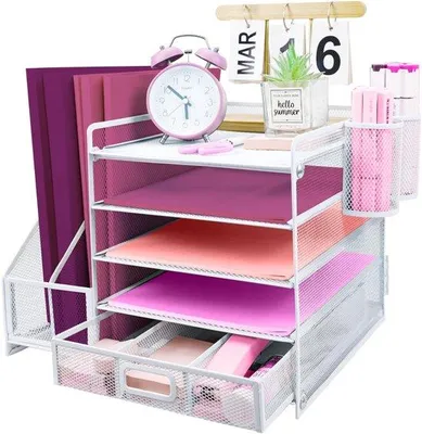 Produktbild von Metaalbüro-Organizer mit 5-Schicht Papier- und Briefumschlag mit Ordnerhalter, Büro-Organizer aus Metall mit Zeitschriftenhalter für die Aufbewahrung von Büro-Dokumenten (weiß)