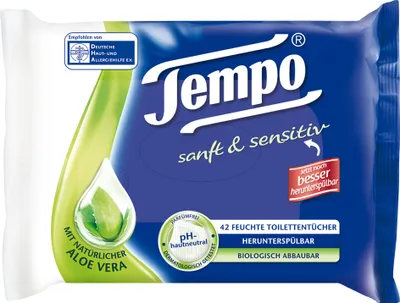 Produktbild von Tempo Feuchte Toilettentücher sanft & sensitiv mit Aloe Vera aus Vlies 42 Stück