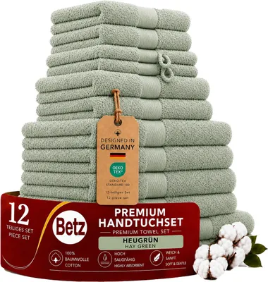 Produktbild von Betz Premium Handtuch-Set 12-teilig – 100% Baumwolle – ®  – hohe Grammatur – Duschtücher, Handtücher, Gästetücher & WH -tannengrün