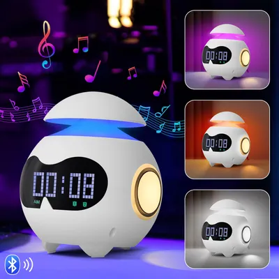 A collage of images showcasing a white LED alarm clock with a digital display and multi-colored mood lighting, presented in different lighting conditions.