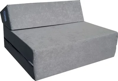 A gray foldable futon mattress on a white background.