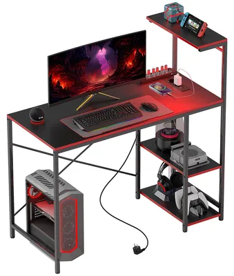 Produktbild von Gaming-Schreibtisch aus Kohlefaser mit LED-Beleuchtung, 110 x 50 cm, Steckdosen, Ablagen und Fernbedienung, schwarz