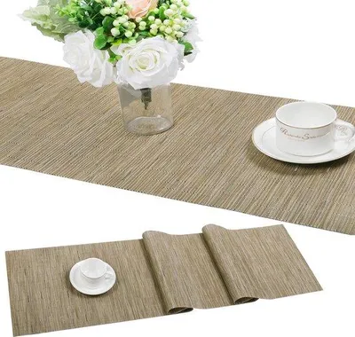 Image de Nappe en vinyle - beige - tissée - antidérapante - lavable - résistante à l'usure - résistante à la chaleur - pour la cuisine et la salle à manger - 30 x 180 cm