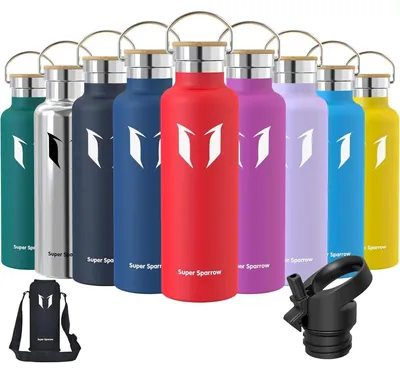 Produktbild von Trinkflasche Edelstahl 750 ml Auslaufsicher BPA-Frei mit 2 Deckeln für Sport Schule Fitness