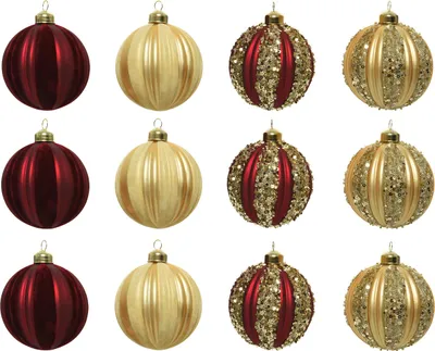 Produktbild von Weihnachtskugeln Glas mit Pailletten Streifen 8cm rot / gold, 12er Set
