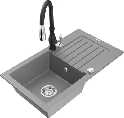 Produktbild von Mexen Pablo 1 Becken-Granitspüle mit Abtropffläche und Mischbatterie Savita, Grau - 6510-71-672601-70