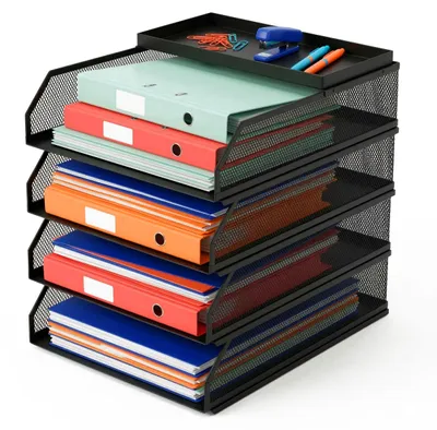 Zdjęcie produktu dla Półka na dokumenty Relaxdays, metalowa, format A4, 4 przegródki, wys. x szer. x gł.: 31 x 25 x 32 cm, organizer na biurko, przegródki biurowe, czarna