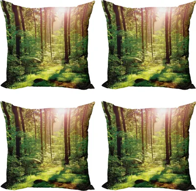 Produktbild von ABAKUHAUS Wald Kissenbezug Set (4 Stück), Sunset Moss Woods Bäume, Moderner Doppelseitiger Digitaldruck, 40 cm x 40 cm, Grün Braun