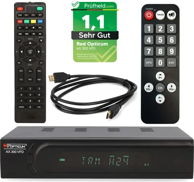 Produktbild von RED OPTICUM HD Sat Receiver AX 300 VFD Display PVR Ready – USB TV Aufnahme, HDMI, SCART, Coaxial – Digital TV Receiver für Satellitenschüssel / Satelliten / Satellit + HDMI Kabel