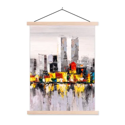 Produktbild von MuchoWow® Textilposter Gemälde - Skyline - Farben - Ölfarbe 40x53 cm mit holzfarbenen Rahmen - Schlafzimmer