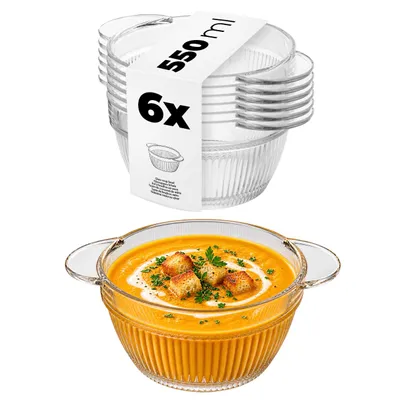 Zdjęcie produktu dla KADAX Miska do zupy 550 ml, zestaw 6 sztuk, przezroczysta miska do zupy, szklana miska do zupy, miska do zupy, szklana miska z uchwytami, talerz do zupy, można myć w zmywarce