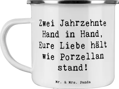 Produktbild von Mr. & Mrs. Panda Teetasse Spruch 20. Hochzeitstag Porzellanhochzeit - Weiß - Geschenk, Heiraten, Motivtasse, Heirat, Liebe feiern, Emaille Tasse, Geschenke, Beziehung