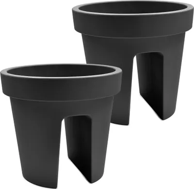 Produktbild von 2er Set Balkon-Blumenkasten rund 28cm, Geländertopf, Balkonkasten, Blumentopf, Pflanztopf Railing 13L schwarz